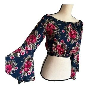 Arabella Floral Off Shoulder Crop Ruffle Sleeve Top Size M
